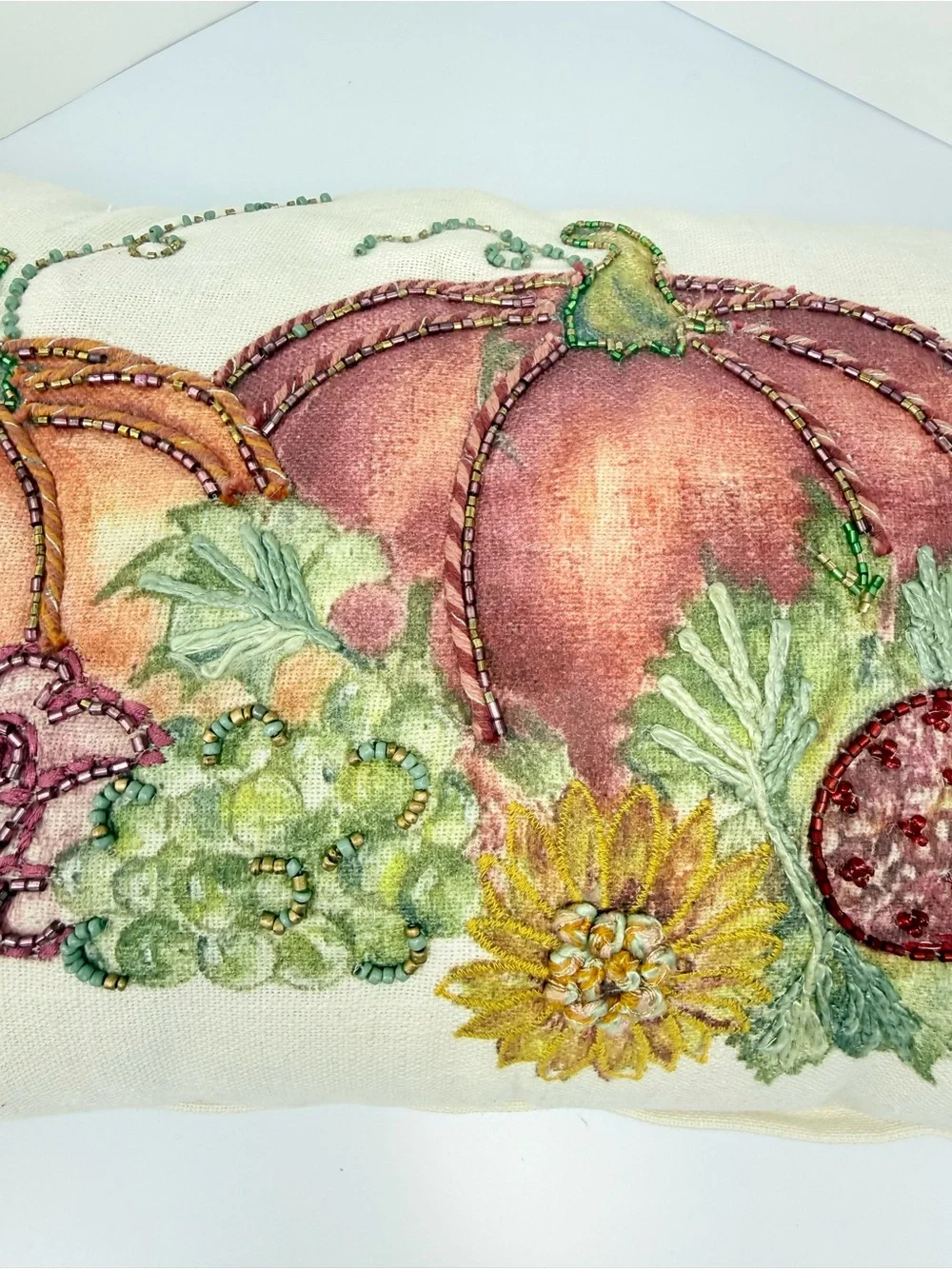 Gardeners Eden Cream Green Pumpkin Fall Print Soft Woven Beaded Accent Pillow